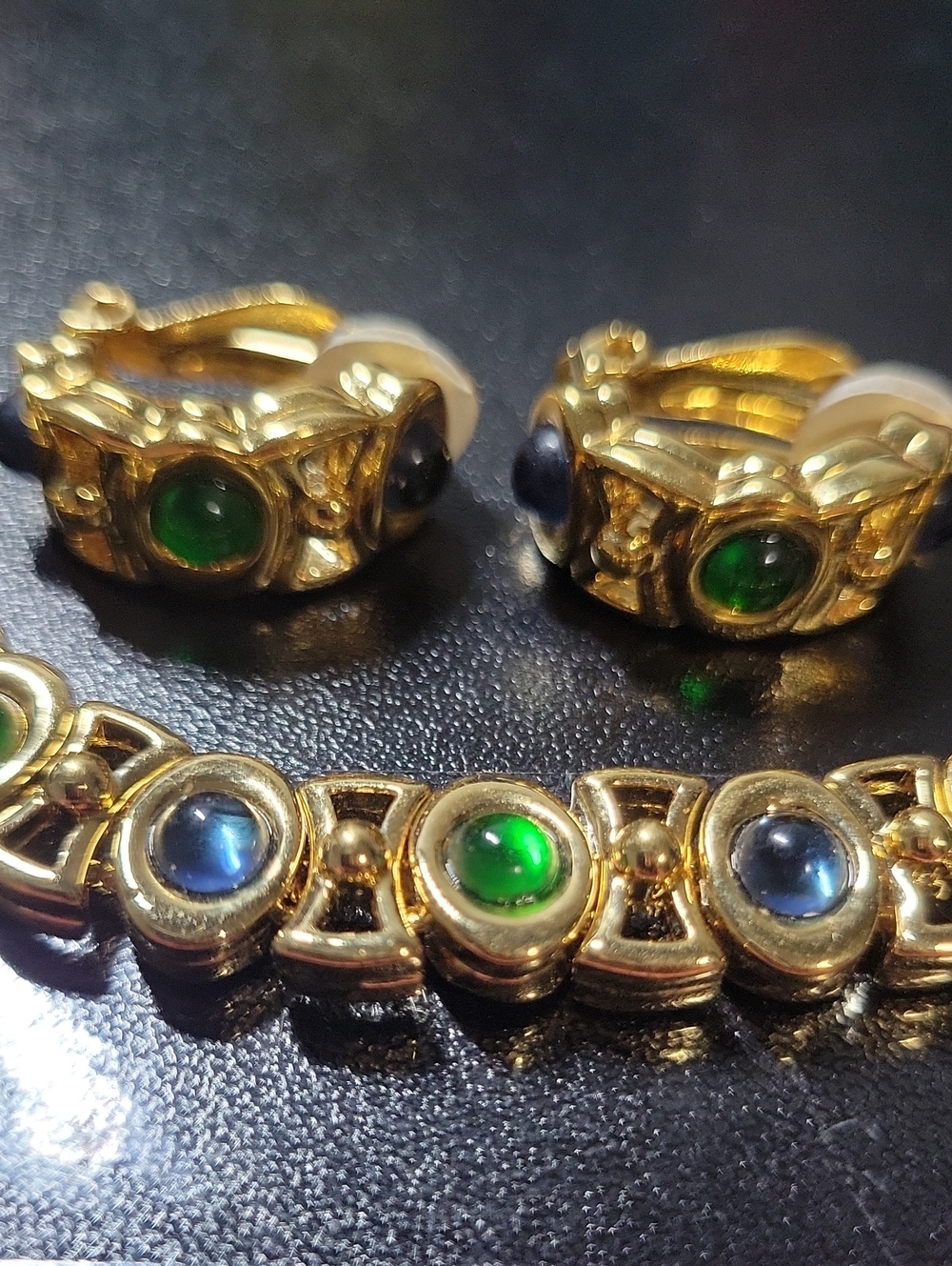 Vintage D'orlan Gold-Tone Green and Blue Cabochon Link Neacklace Clip On Earring